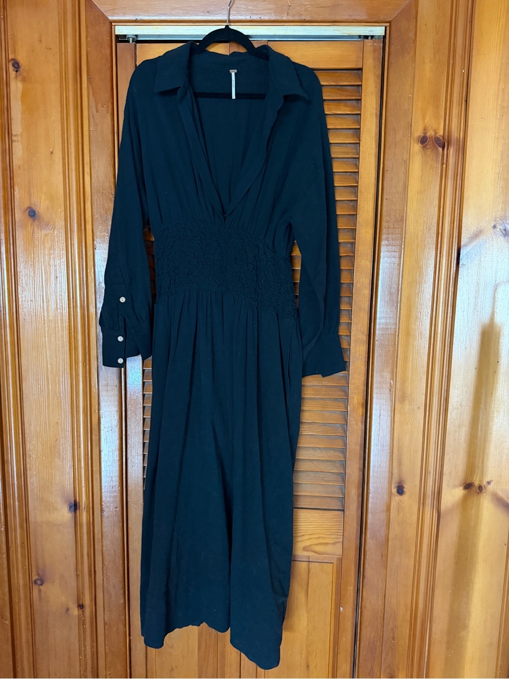 Free People Black Long-Sleeve Smocked-Waist Dress Sz L